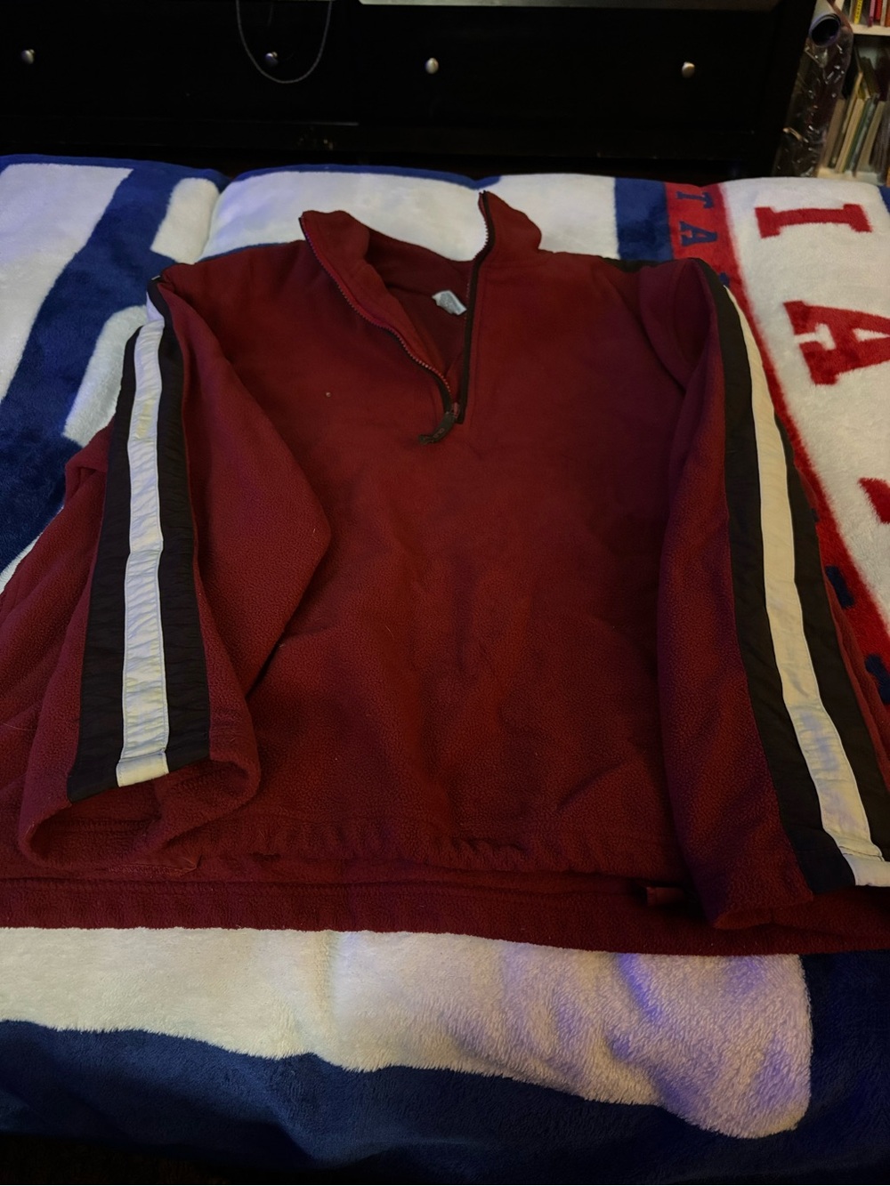 Old Navy Maroon Quarter-Zip Sweater with Black and Cream Sleeve Stripes